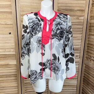 Sapphire Blouse Floral Black White Accents Long Sleeves Plus Size 1X